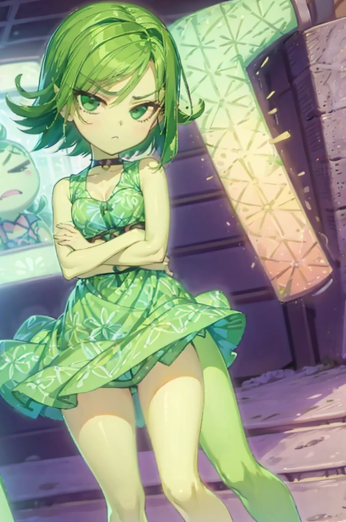 the left arm under her chest surrounding her abdomen and her right arm resting on her arm, sticking her hip out to the right side while standing with her curved pose, expression: an expression of displeasure marked on her face, clothing: type A dress line sleeveless, with flower print, green skin and short dark green hair, flat: chopped style: anime