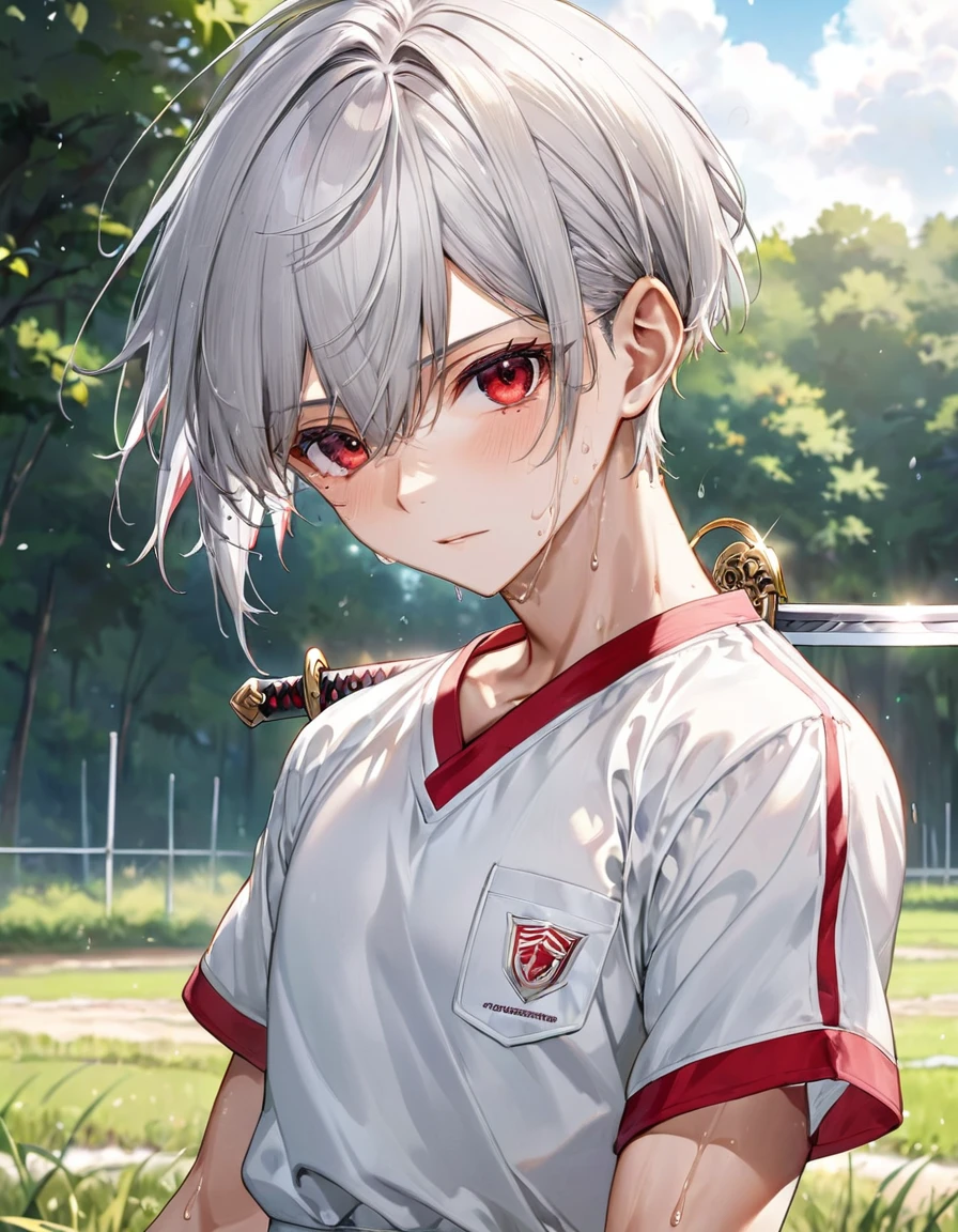(Sword Training style) (hand holding long Zweihander), (16 yo, solo crew cut silver hair very short hair divine boy, detailed serious red eyes, sweaty;1.2 skin, serious face), (in a summer training uniform), break, (in the battle training field), BREAK, perfect ???????, masterpiece, best quality, 16k, beautiful detailed grow, daydreaming expression.