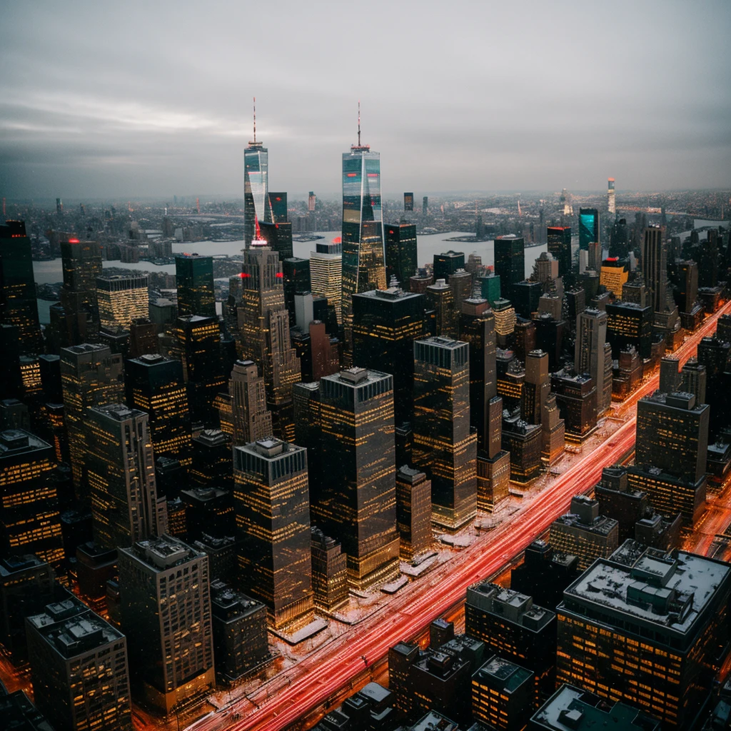 Realistic Fuji X-T5 photography Faulty digital screen view from above snow falling In the middle of the city of New York city