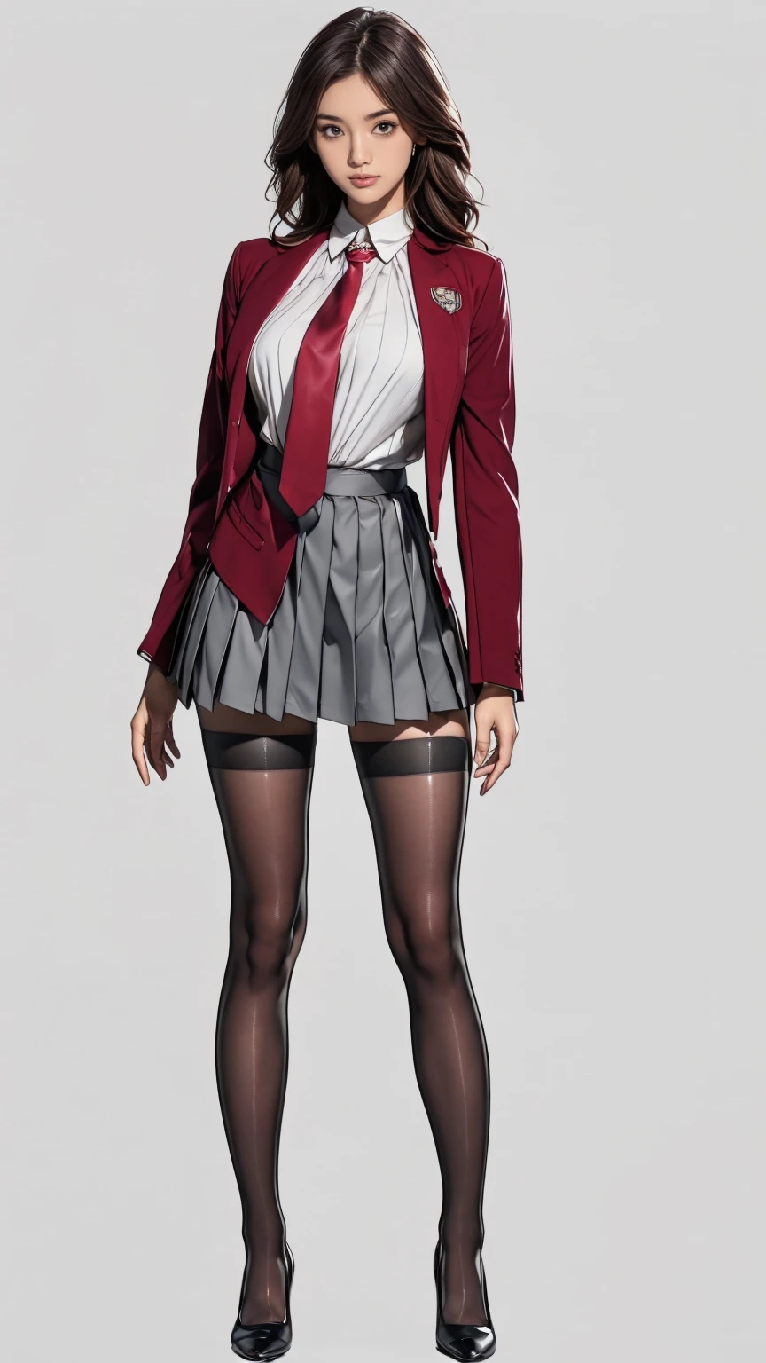 araffe asian womam, 1 female, age 18. Known for her youthful charm and unwavering determination, Her body language is as modest as her personality, always exuding a sense of innocence and resilience, ((She is dressed in a prestigious Tokyo high school uniform)), (((The uniform includes a (tailored maroon blazer with the school crest on the ), a (maroon necktie), (a white blouse) with a Peter Pan collar underneath that compliment her natural E-cup , a (pleated grey skirt) that emphasizing her figure))), (((She enhances her look with Sheer black stockings and black leather oxford shoes))), carrying her ensemble with an air of subtle confidence. Her accessories are minimal, reflecting her simple lifestyle at this age. ((intricate detail)), super finely detailed hands, ultra finely detailed fingers(((ten fingers))), (standing confidently), (full body showcase), (show full body), (no logos on background), (no logo), ((plain background)), ((plain background)), (((empty background))).