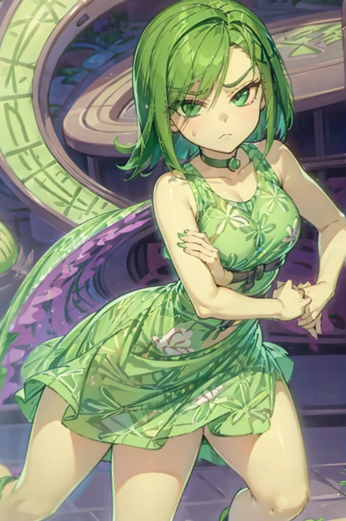 the left arm under her chest surrounding her abdomen and her right arm resting on her arm, sticking her hip out to the right side while standing with her curved pose, expression: an expression of displeasure marked on her face, clothing: type A dress line sleeveless, with flower print, green skin and short dark green hair, flat: chopped style: anime