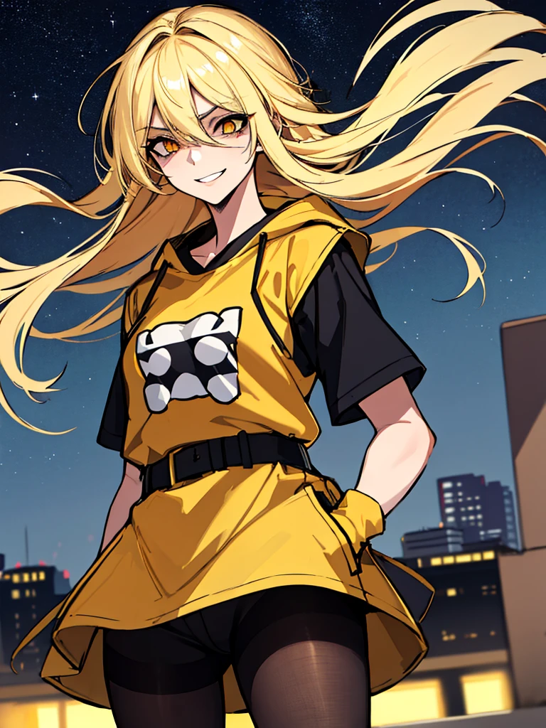 (absurdres, 8k, 4k, masterpiece, hyper extreme detailed:1.2), (masterpiece), best quality, expressive eyes, highres, perfect eyes, 1girl, perfect face, perfect hands, standing, belt, 1girl, blonde hair, eyepatch, perfect , eyepatch, long hair, platinum blonde hair, muscular, toned body, strong, empty eyes, blank stare, crazy face, crazy eyes, crazy smile, gloves, graphic t- shirt, small, golden eyes, deadpan, expressionless, shaded face, messy hair, crazy hair, city background, heroic, half body, cowboy shot, night time, stars, night sky, hand on head, hands in pockets, wind, windy, pantyhose, covered abdomen
