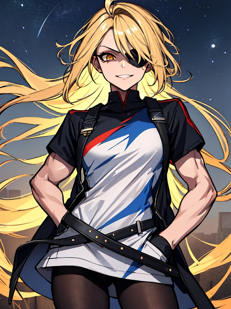 (absurdres, 8k, 4k, masterpiece, hyper extreme detailed:1.2), (masterpiece), best quality, expressive eyes, highres, perfect eyes, 1girl, perfect face, perfect hands, standing, belt, 1girl, blonde hair, eyepatch, perfect anatomy, eyepatch, long hair, platinum blonde hair, muscular, toned body, strong, empty eyes, blank stare, crazy face, crazy eyes, crazy smile, gloves, graphic t- shirt, small, golden eyes, deadpan, expressionless, shaded face, messy hair, crazy hair, city background, heroic, half body, cowboy shot, night time, stars, night sky, hand on head, hands in pockets, wind, windy, pantyhose, covered abdomen
