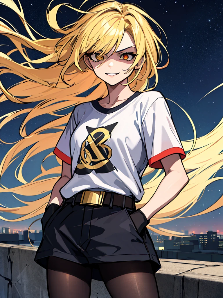 (absurdres, 8k, 4k, masterpiece, hyper extreme detailed:1.2), (masterpiece), best quality, expressive eyes, highres, perfect eyes, 1girl, perfect face, perfect hands, standing, belt, 1girl, blonde hair, eyepatch, perfect anatomy, eyepatch, long hair, platinum blonde hair, muscular, toned body, strong, empty eyes, blank stare, crazy face, crazy eyes, crazy smile, gloves, graphic t- shirt, small, golden eyes, deadpan, expressionless, shaded face, messy hair, crazy hair, city background, heroic, half body, cowboy shot, night time, stars, night sky, hand on head, hands in pockets, wind, windy, pantyhose, covered abdomen