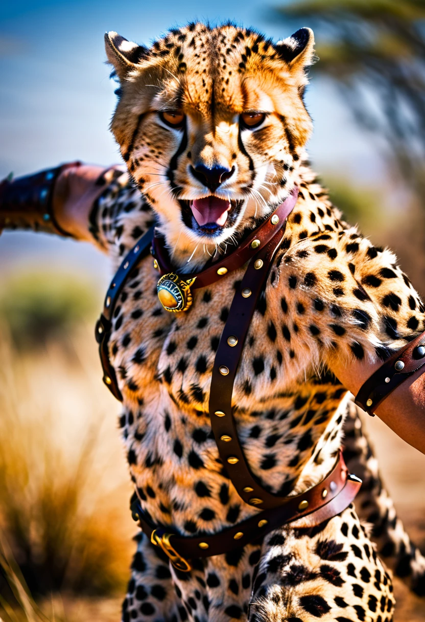 a close up portrait of male  (cheetah anthomorph: 1.5) as barbarian warrior, muscled  (cheetah anthomorph: 1.5), wearing leather armor, bare chested, necklace of fangs, armed with a spear, deep feline eyes, intent gaze, roaring with mouth full of fangs, wild savannah background, sense of awe, sense of fear, wildness in its might and glory, best details, best quality, highres, ultra wide angle, 16k, [ultra detailed], masterpiece, best quality, (extremely detailed), photorealistic, Cinematic Hollywood Film