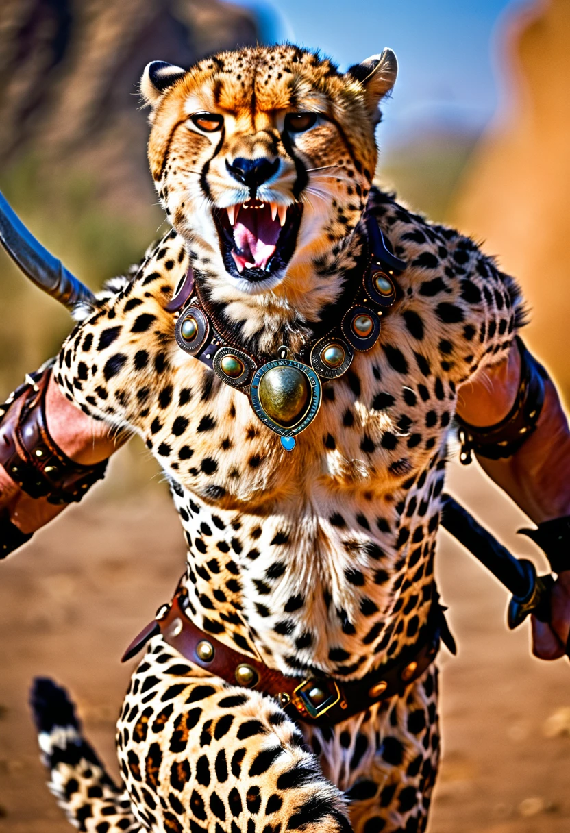 a close up portrait of male  (cheetah anthomorph: 1.5) as barbarian warrior, muscled  (cheetah anthomorph: 1.5), wearing leather armor, bare chested, necklace of fangs, armed with a spear, deep feline eyes, intent gaze, roaring with mouth full of fangs, wild savannah background, sense of awe, sense of fear, wildness in its might and glory, best details, best quality, highres, ultra wide angle, 16k, [ultra detailed], masterpiece, best quality, (extremely detailed), photorealistic, Cinematic Hollywood Film