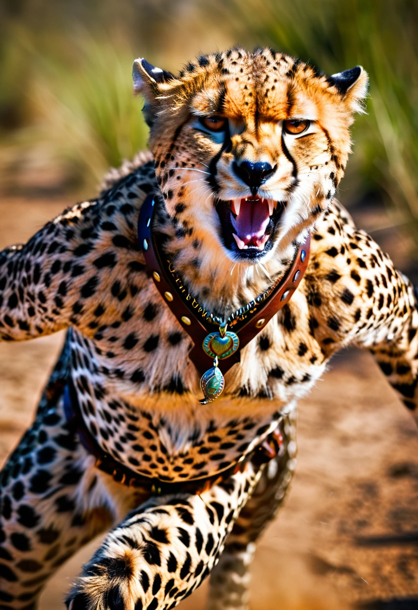 a close up portrait of male  (cheetah anthomorph: 1.5) as barbarian warrior, muscled  (cheetah anthomorph: 1.5), wearing leather armor, bare chested, necklace of fangs, armed with a spear, deep feline eyes, intent gaze, roaring with mouth full of fangs, wild savannah background, sense of awe, sense of fear, wildness in its might and glory, best details, best quality, highres, ultra wide angle, 16k, [ultra detailed], masterpiece, best quality, (extremely detailed), photorealistic, Cinematic Hollywood Film