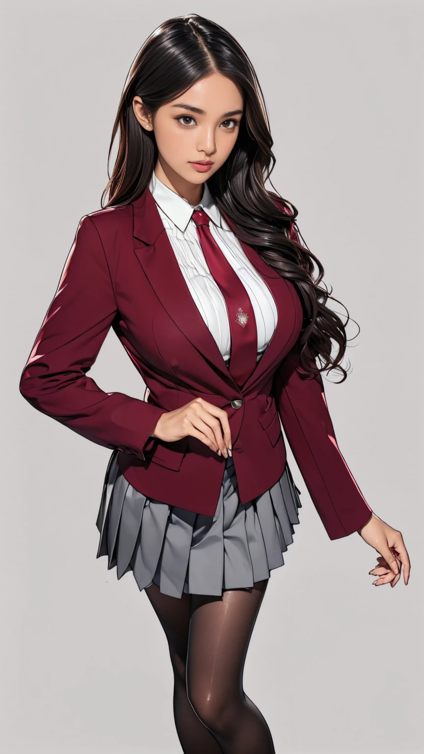 araffe asian womam, 1 female, age 18. Known for her youthful charm and unwavering determination, Her body language is as modest as her personality, always exuding a sense of innocence and resilience, ((She is dressed in a prestigious Tokyo high school uniform)), (((The uniform includes a (tailored maroon blazer with the school crest on the chest), a (maroon necktie), (a white blouse) with a Peter Pan collar underneath that compliment her natural E-cup breasts, a (pleated grey skirt) that  emphasizing her  figure))), (((She enhances her look with Sheer black stockings and black leather oxford shoes))), carrying her ensemble with an air of subtle confidence. Her accessories are minimal, reflecting her simple lifestyle at this age. ((intricate detail)), super finely detailed hands, ultra finely detailed fingers(((ten fingers))), (standing confidently), (full body showcase), (show full body), (no logos on background), (no logo), ((plain background)), ((plain background)), (((empty background))).