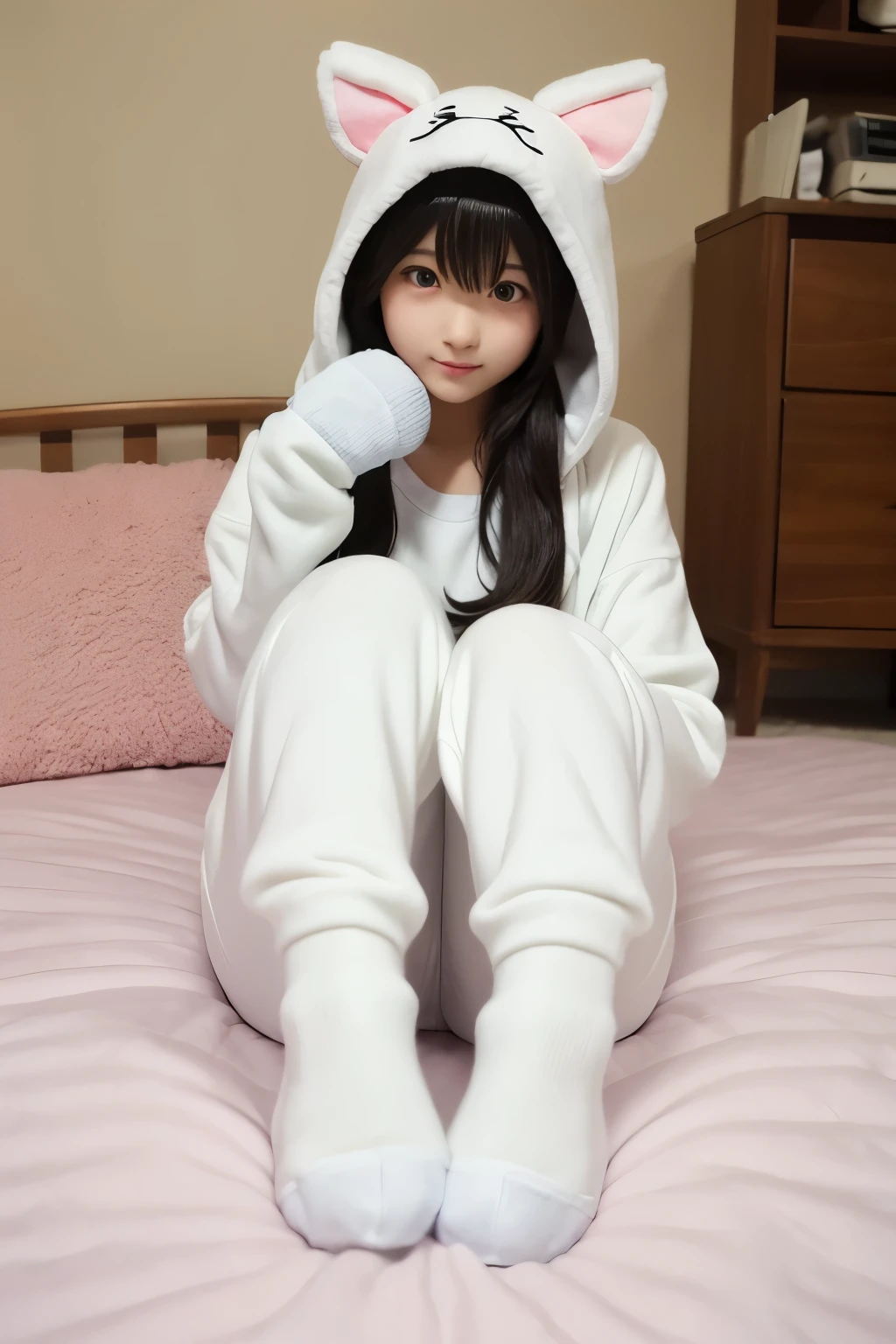 girl, (kigurumi:1.2), (white mitten:1.33), full body, sweat pants, (short socks:1.2), bed room