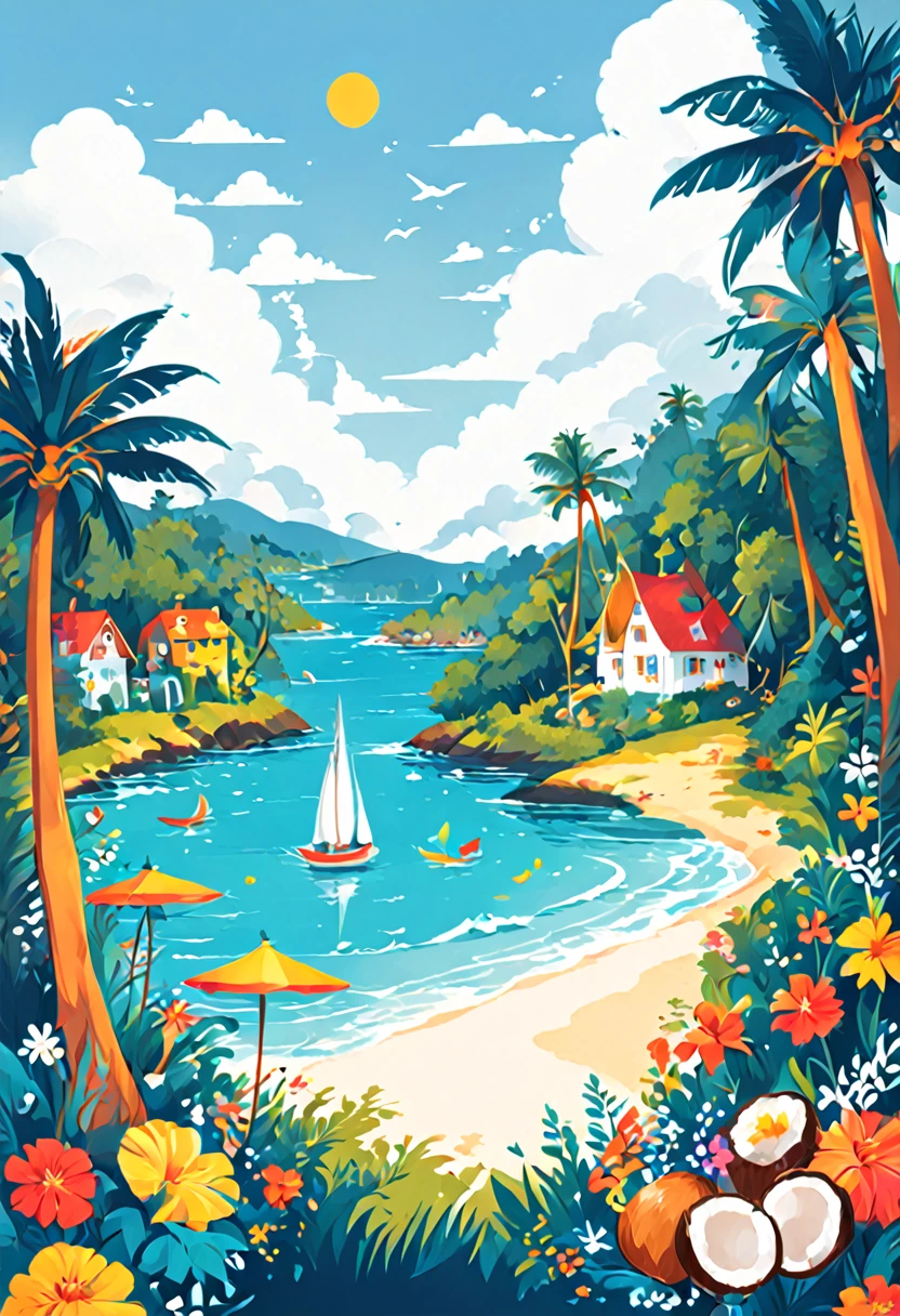 coconut tree，Cartoon，summer，Illustration style，Blue seaside，White clouds；