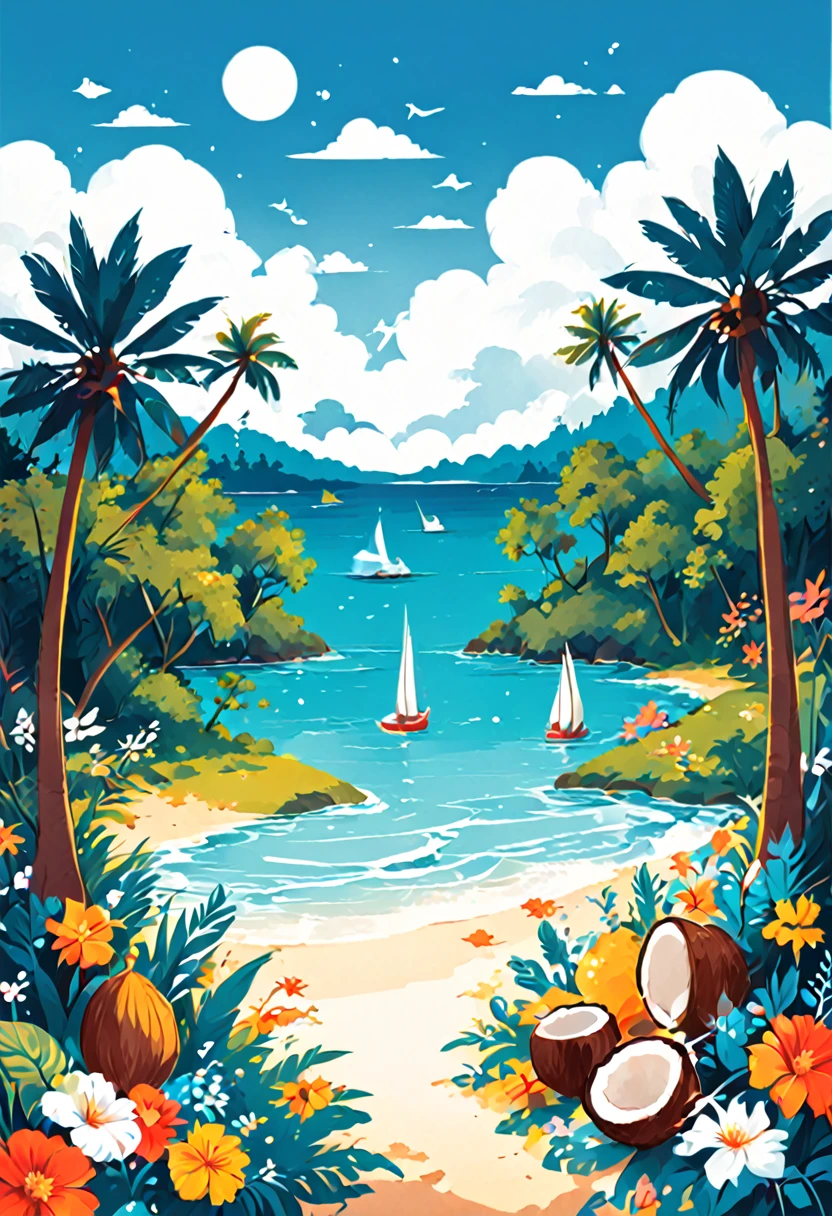 coconut tree，Cartoon，summer，Illustration style，Blue seaside，White clouds；