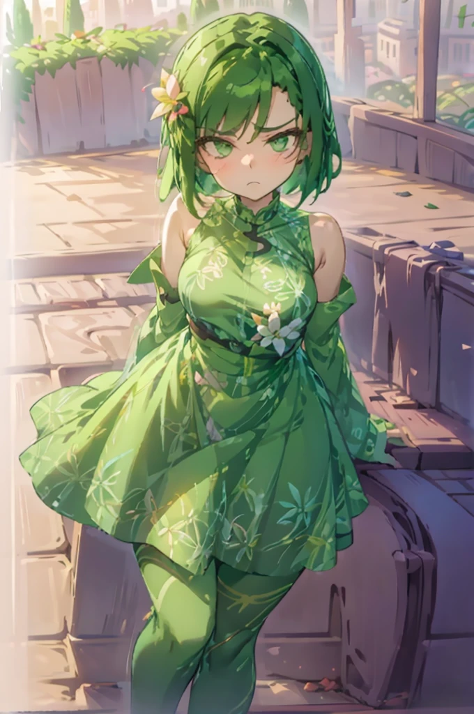 the left arm under her chest surrounding her abdomen and her right arm resting on her arm, sticking her hip out to the right side while standing with her curved pose, expression: an expression of displeasure marked on her face, clothing: type A dress line sleeveless, with flower print, green skin and short dark green hair, flat: chopped style: anime