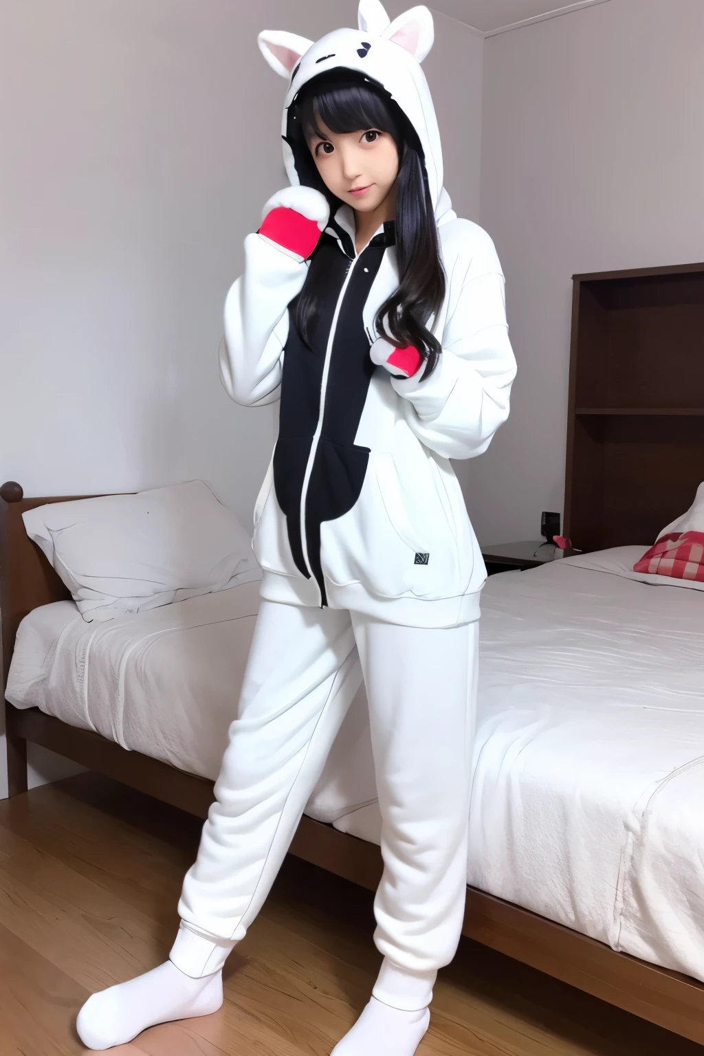 girl, (kigurumi:1.2), (white mitten:1.33), full body, sweat pants, stands, (short socks:1.2), bed room