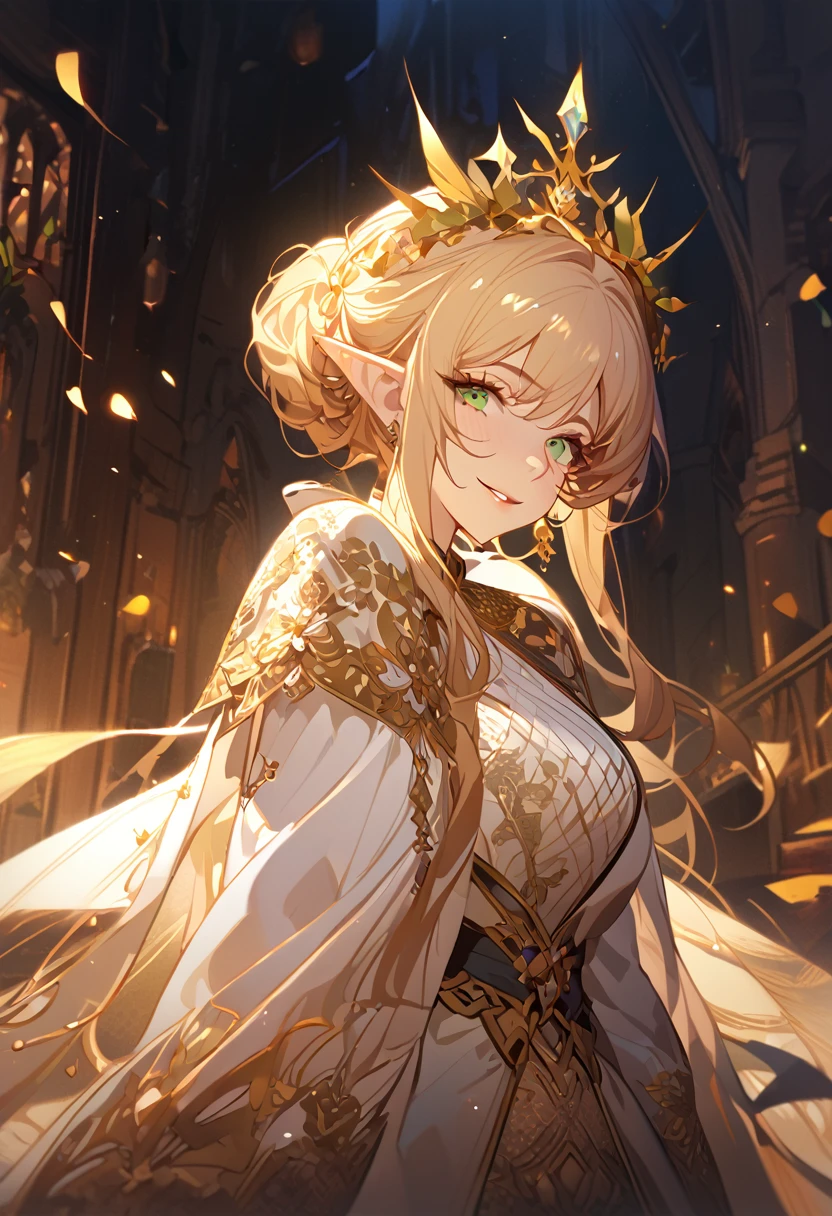 masterpiece, best quality, 8k ,4k , 1girl, elf queen, blond reddish hair, green eyes, big , gold wreath crown, hair ornament, finely detailed eyes and detailed face, looking at viewer, white sleeveless, Lace dress, patterned clothes, gold embroidery clothes, meticulous clothes, mature clothes, transparent cape with lace, majestic looks, smiling gently, small bird, full body, inspired by Asukaziye artist : ask, art style : ask