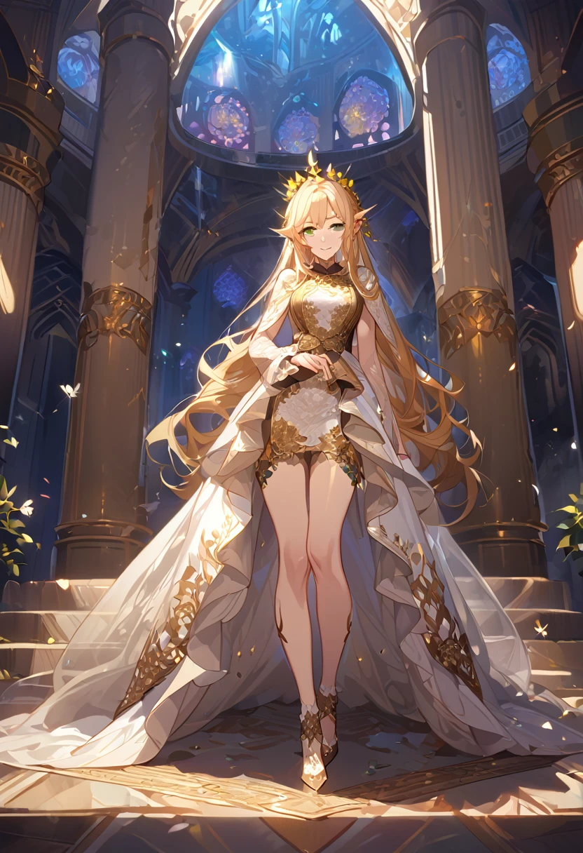 masterpiece, best quality, 8k ,4k , 1girl, elf queen, blond reddish hair, green eyes, big , gold wreath crown, hair ornament, finely detailed eyes and detailed face, looking at viewer, white sleeveless, Lace dress, patterned clothes, gold embroidery clothes, meticulous clothes, mature clothes, transparent cape with lace, majestic looks, smiling gently, small bird, full body, inspired by Asukaziye artist : ask, art style : ask