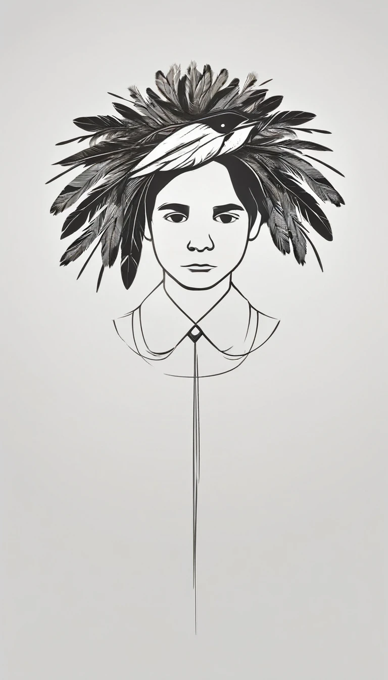 A minimal, modern, simple, cinematic logotype of a boy with a head full of feathers for the brand “Penamemoria" .