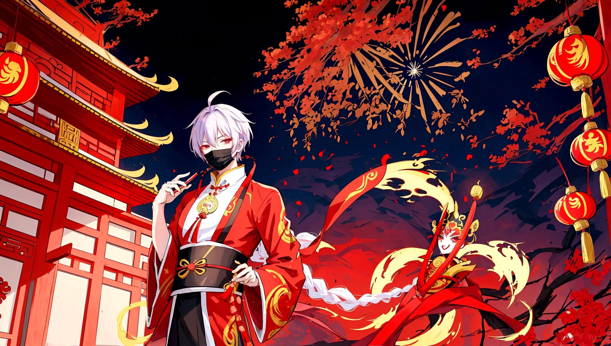 anime style illustration：A man in national costume, Wearing a Nuo mask, A beautiful artistic illustration, The handsome guy in Demon Slayer, Traditional Chinese style concept art, The high priest wearing a red Nuo mask,Traditional Chinese architecture，Brilliant fireworks，night