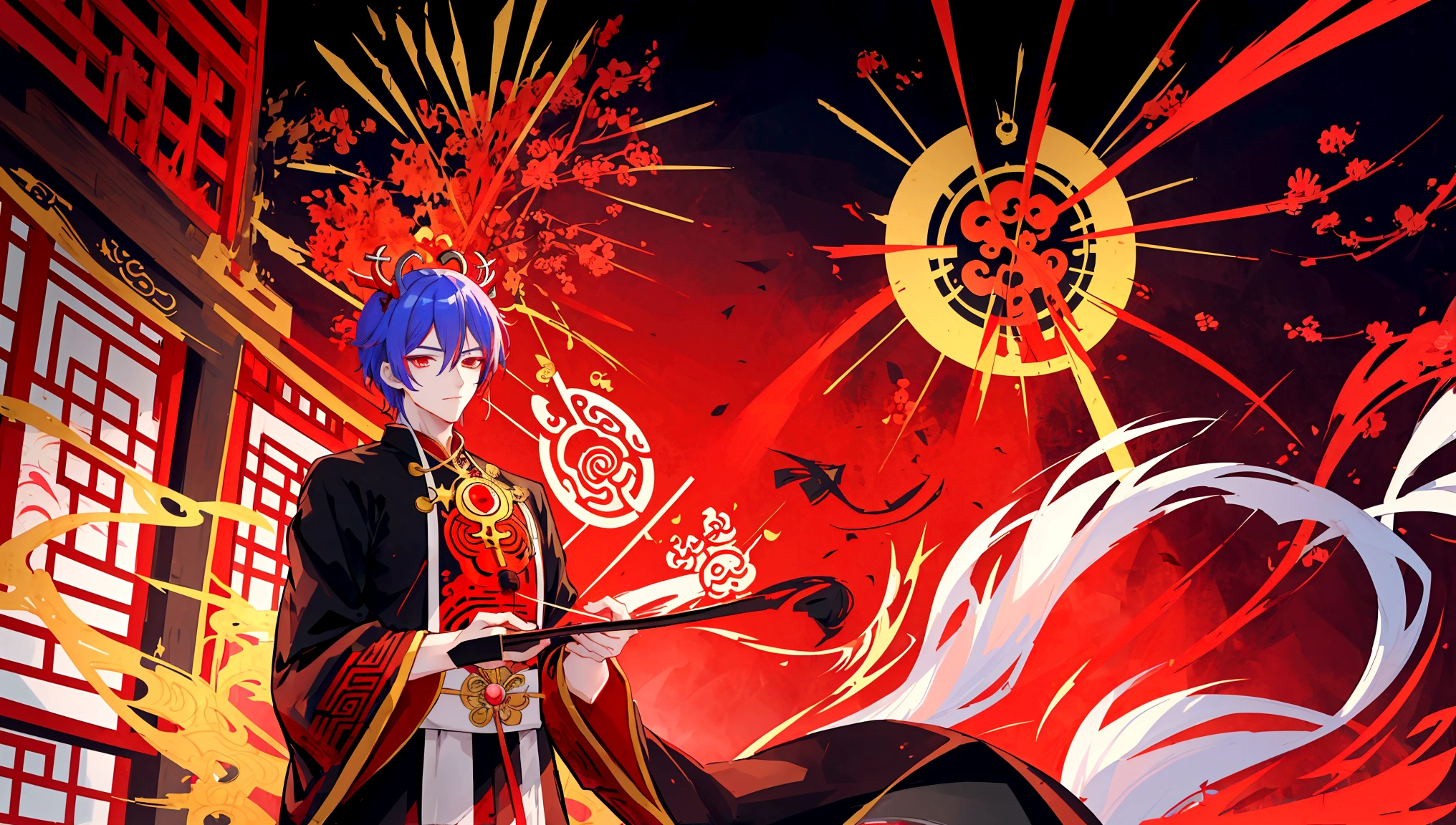 anime style illustration:A man in national costume, Wearing a Nuo mask, A beautiful artistic illustration, The handsome guy in Demon Slayer, Traditional Chinese style concept art, The high priest wearing a red Nuo mask,Traditional Chinese architecture,Brilliant fireworks,night
