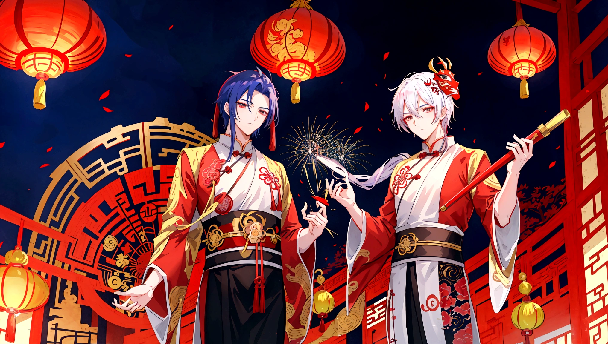 anime style illustration：A man in national costume, Wearing a Nuo mask, A beautiful artistic illustration, The handsome guy in Demon Slayer, Traditional Chinese style concept art, The high priest wearing a red Nuo mask,Traditional Chinese architecture，Brilliant fireworks，night