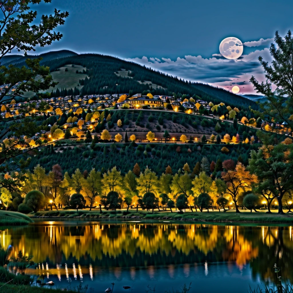 A VERY BIG VILLAGE IN FULL OF NATURE SATORU GOJO SITTING AND SAW THE FULL MOON WITH SO MANY TREES in night