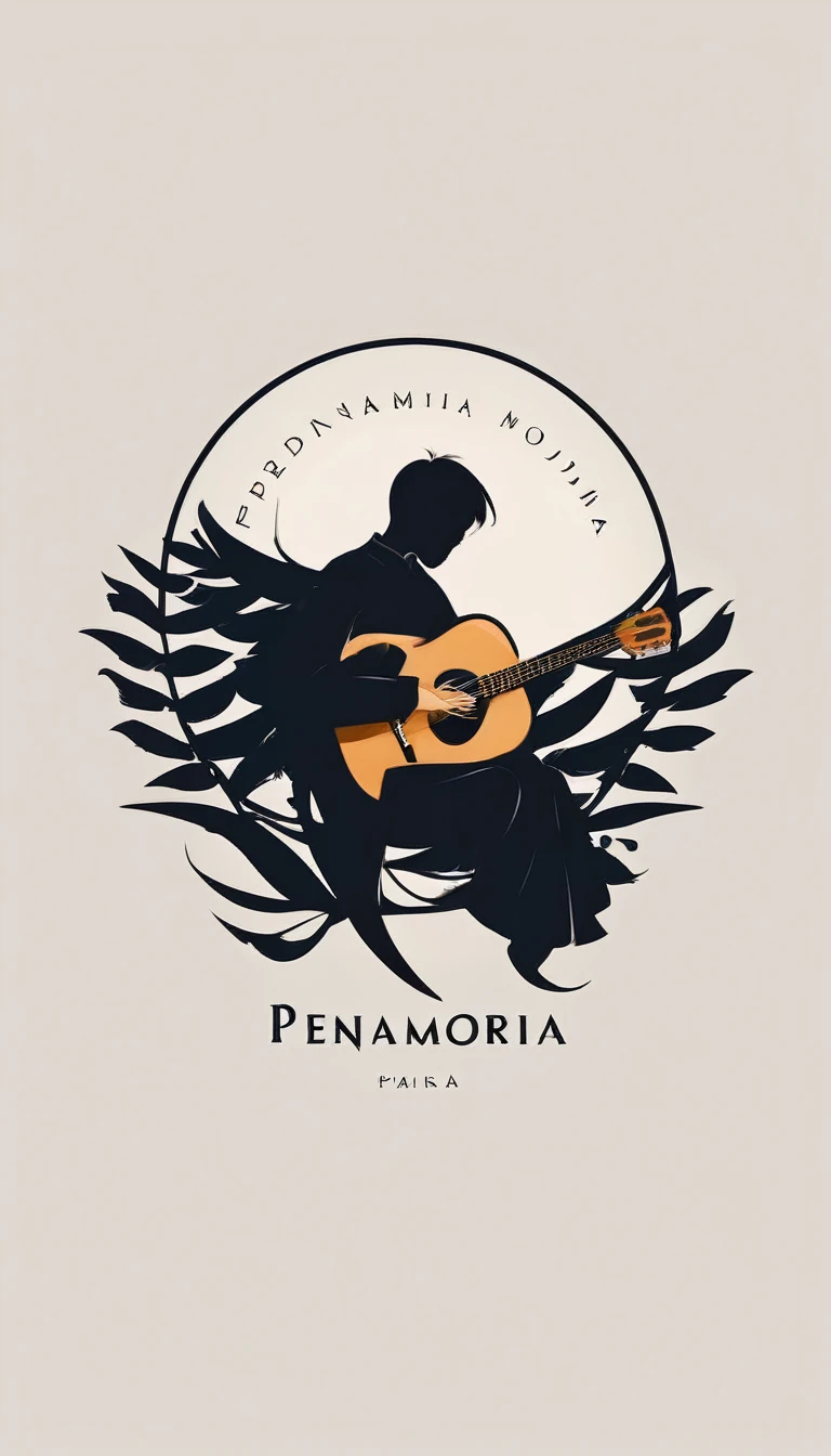 A minimal, modern, simple, cinematic logo design for the brand “Penamemoria". The logotype must be a simple, magical feather and a boy playing acoustic guitar. The logo must convey a sense of music, stories and dreams. Minimalistic logo of a boy dissolving into a feather of dreams and memories