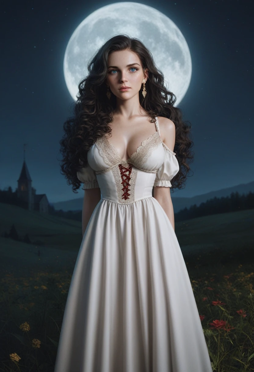 score_9, score_8_up, score_7_up, score_6_up, rating: safe, 1girl, solo, (black_hair:1.5), wavy_hair, jewelry, dress, blue_eyes, earrings, (long_hair:1.5), looking_at_viewer, curly_hair, full_body, lips, lace, white_dress, gold_dress, (night:1.3), cxqz8r, medieval_dress, medieval_landscape, fullmoon, rpg, (rape_face:1.5), narrow_waist, (skinny:1.3), (pale_skin:1.4), (large_breasts:1.2), severed_head in the hand, blood, blood_on_hands, blood_on_clothes