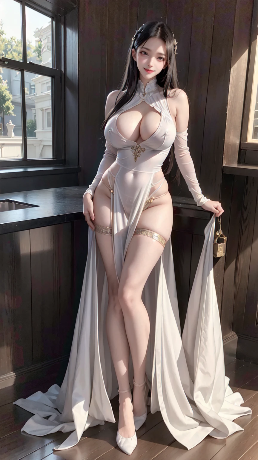 see through clothes(Full body female love:1.3)，best quality, masterpiece, ultra high resolution, (lifelike:1.4), original photo, 1 female,18 years old， black hair, big eyes, Detailed eyes and face,huge breasts，split，long legs，Belted robe open ，bare shoulder，no underwear:1.5,see through clothes，Hollow material white clothes，kitchen:1.3，Smile、sleeveless costume、Extremely revealing clothing、((A young but sexually attractive girl)), Seductive pose, (camel toe), Angle from below