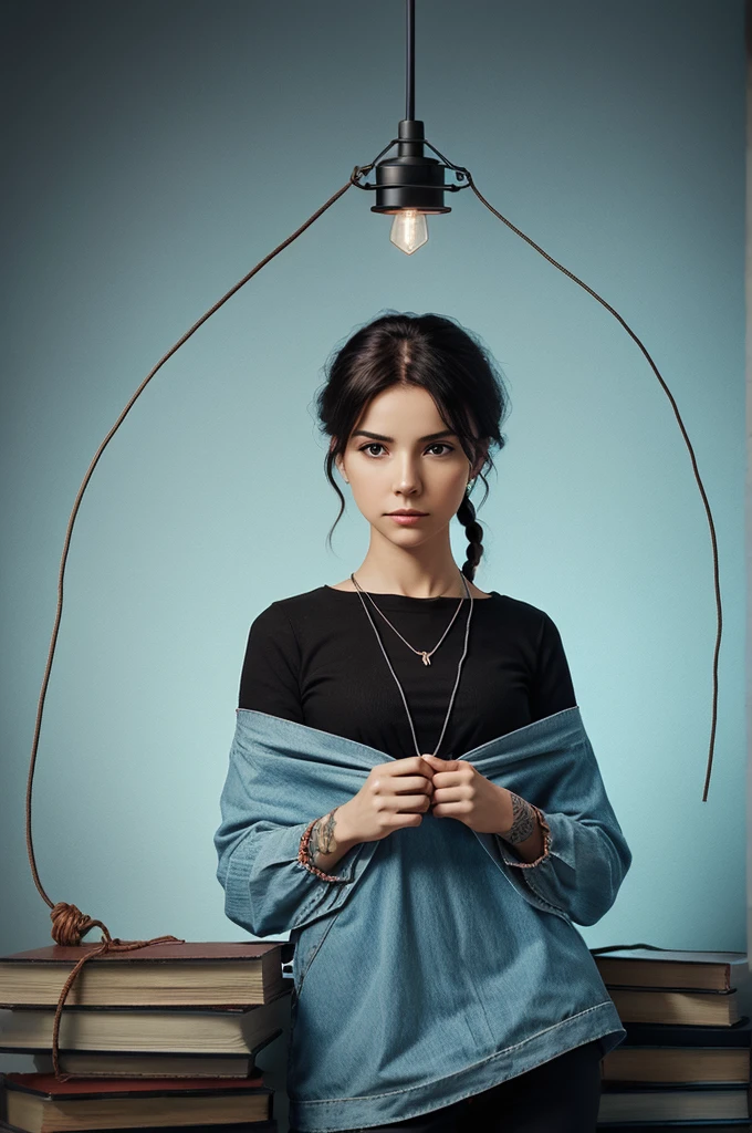 Generate a book cover with black baground and a thread swaing top and hanging a cracked light blue pendant with a red thread binding it on middle left make it little real n little animated art type 