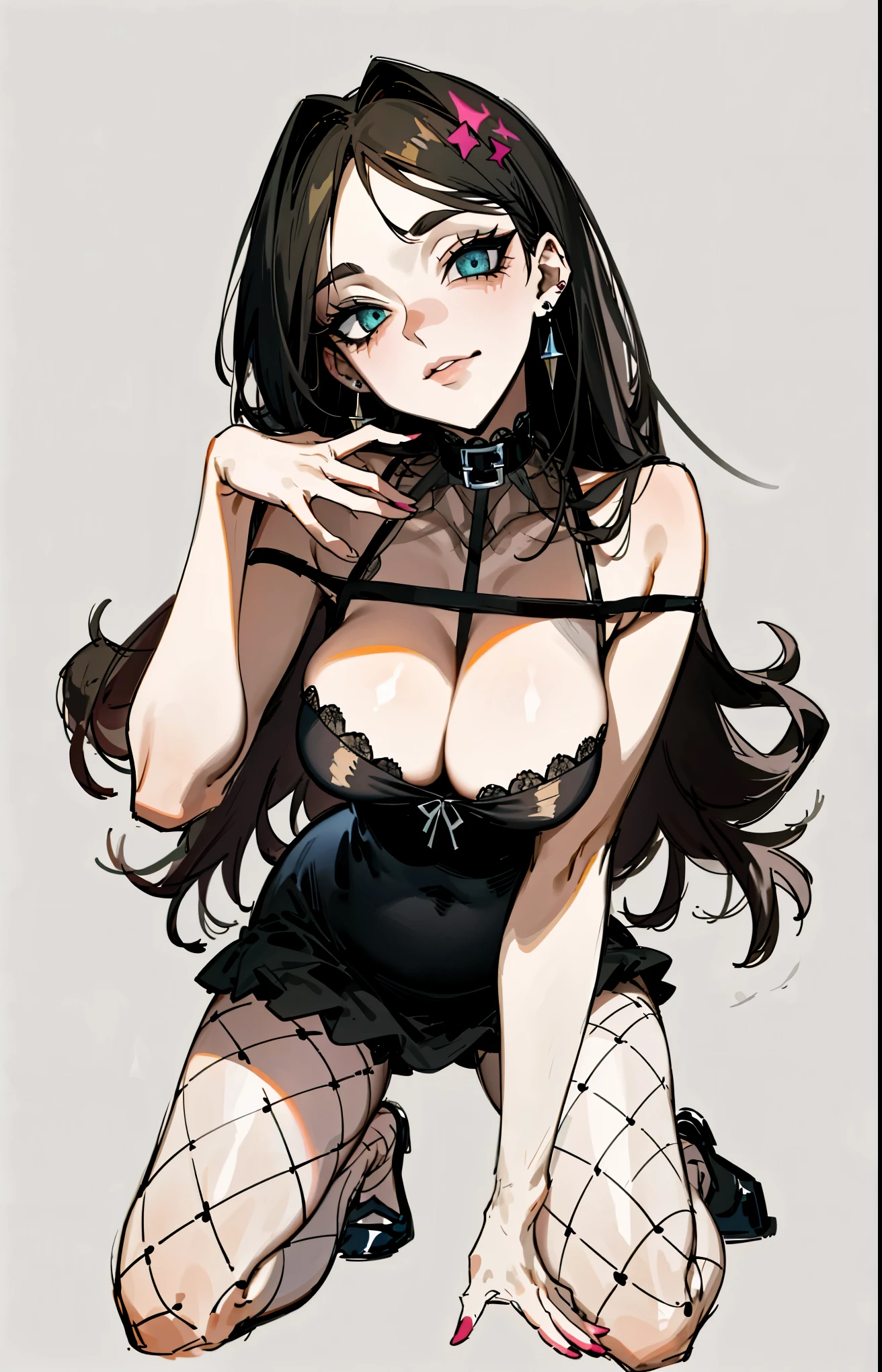 （best quality，masterpiece：1.2，detailed details，4k），((masterpiece)), ((best quality)), (ultra-detailed), anime style,large breast, slim, slender, ashamed,  ，Kneeling,Girl with modern gothic makeup, fair skin, long legs, black eyeshadow, camisole, plump figure, earrings and lip studs, fishnet stockings, posing in an attractive pose, lovable expression