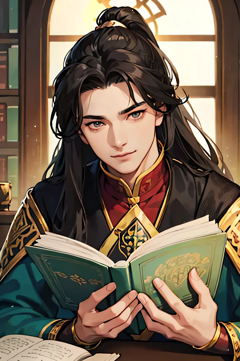 reading a book. boy with long black hair, medieval, fantasy theme, handsome young man with long hair, boy reading, library, high resolution, Han bok을 입고 서 있다. Long hair in a ponytail, solo，1st son，mature，Handsome and handsome，Feeling righteous and handsome，male focus，clothes，Han bok, smile，face close up，face portrait


