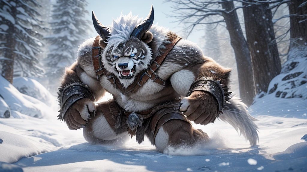 head、Animal cat face、A pair of dragon horns,Fluffy white hair all over the body、Heavy breathing、Gnashing of teeth,Serious expression,Fluffy belly、Leather Armor,Viking style,wildcat、blue eyes,(contour)The whole body is covered with long white hair、Hairy body、Long and thick armpit hair、Fangs、4K,Black and white photo tree background,Snow Scene,Sharp claws、Capture the composition of the whole body、bow,Fighting Stance,((Bear))
