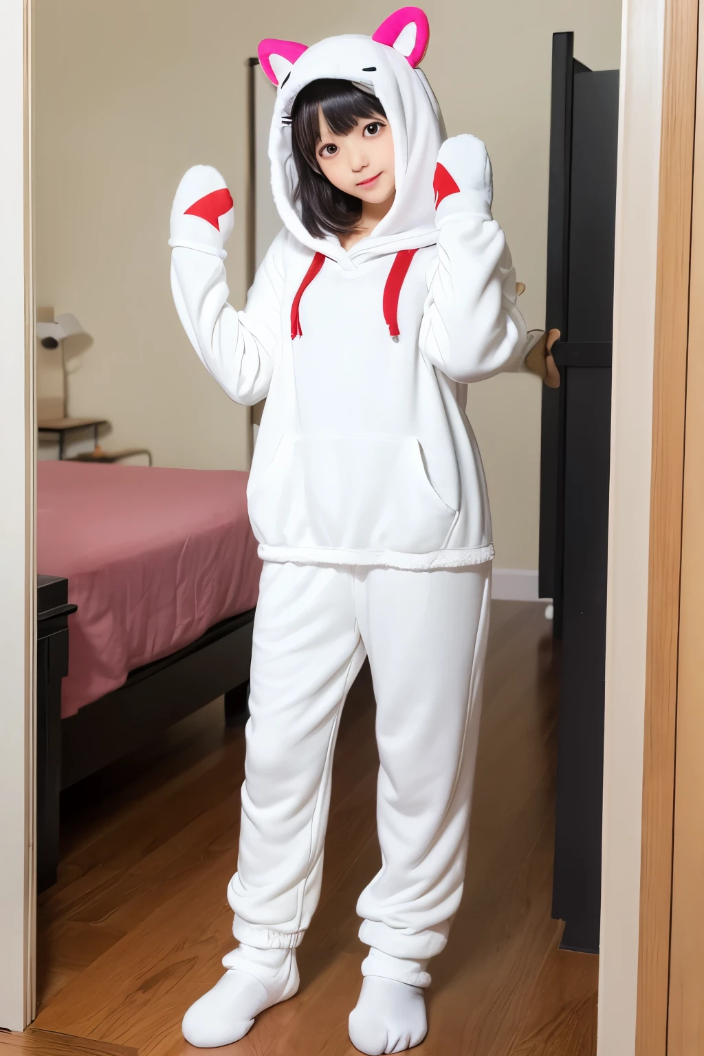 girl, (kigurumi:1.2), (white mitten:1.35), full body, sweat pants, stands, (short socks:1.2), bed room