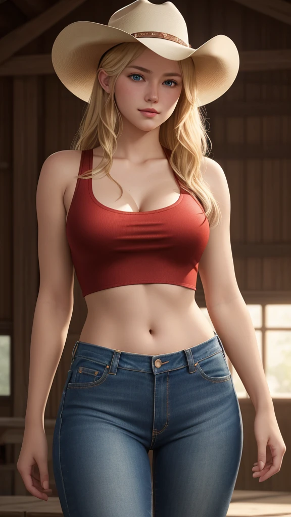 beautiful teenage girl Blond wearing a cowboy hat wearing a red singlet short jeans standing at farmer farm full body perfect light Perfect composition Beauty Masterpiece Award-winning Artstation 8 k Artgerm Mucha Dim Octane 18 k volumetric lighting Beautiful detail rendering. post-processing, portrait, hyper-detail, complex, epic composition, cinematic lighting, masterpiece, trending in art station, super detail, masterpiece, beautiful, 18k, HDR , smooth, sharp focus, high resolution.