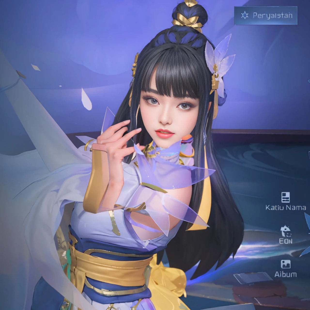 ((pretty face)), The face is extremely delicate,(best quality),(Very detailed cg 8k wallpaper), masterpiece, extremely del-0000((big breasts)), 1 girl, alone, long hair, looking at the audience, hair accessories, skirt, Keep, bare shoulders, Keep your mouth shut, blue hair, yellow eyes, braid, artist name, cover navel, blue skirt, Chinese clothes, china skirt, hand fan, folding fan, light blue hair, Keep fan, Jordyn Whitmer, (masterpiece,best quality:1.5), (masterpiece,best quality:1.5), Hold the fan in your right hand, There is no fan in my left hand, Chinese Imperial Palace, Feudal China, wooden castle, lake, (lantern), shiny, (masterpiece,best quality:1.5), (masterpiece,best quality:1.5)