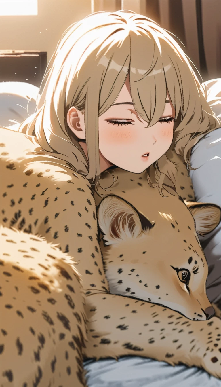 Highest quality、Masterpiece、Sunset Savanna、tent、BREAK、(((One Girl、Cute sleeping girl、tentでチーター柄の寝袋に入る女性:1.37)))、BREAK、Adult cheetah、Cheetah sleeping with a girl、Super detailed cheetah、A detailed drawing of a cheetah、