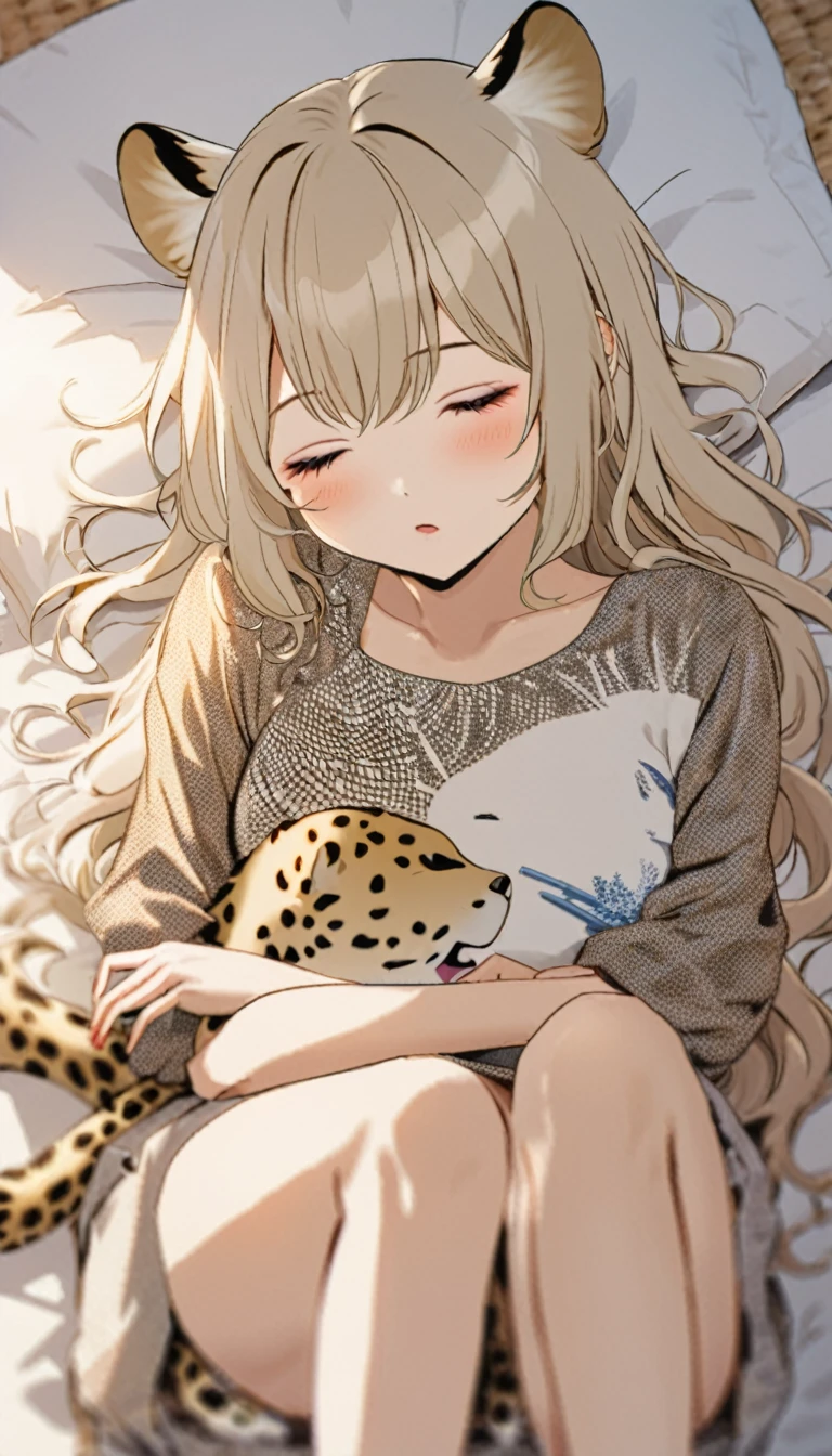 Highest quality、Masterpiece、Sunset Savanna、tent、BREAK、(((One Girl、Cute sleeping girl、tentでチーター柄の寝袋に入る女性:1.37)))、BREAK、Adult cheetah、Cheetah sleeping with a girl、Super detailed cheetah、A detailed drawing of a cheetah、