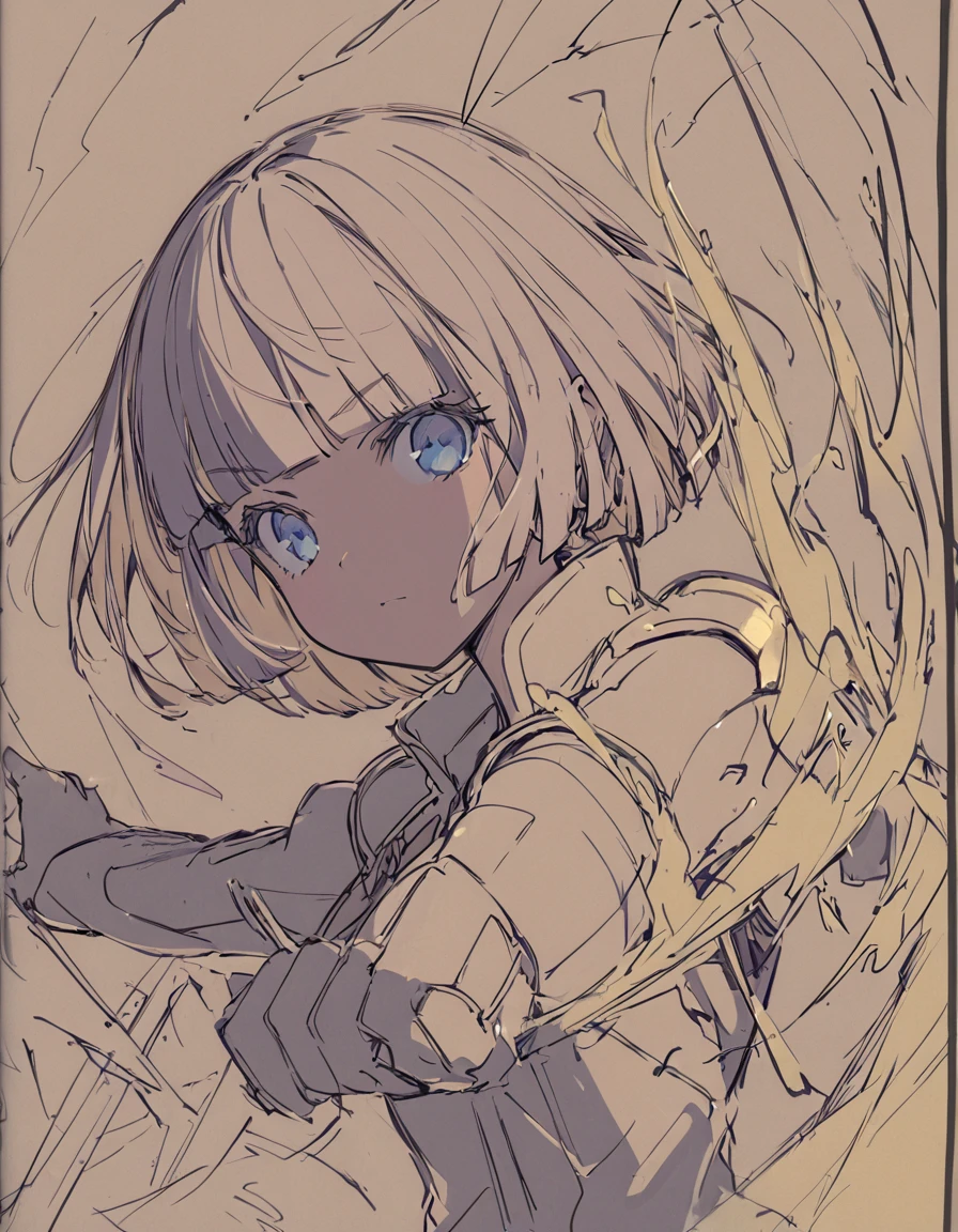A girl fighting with golden flames(Sketches), (Open Close), (Small body), (Blonde:1.5） (Short Bob Hair:1.4), (Blue eyes)(Blunt bangs:1.3)
