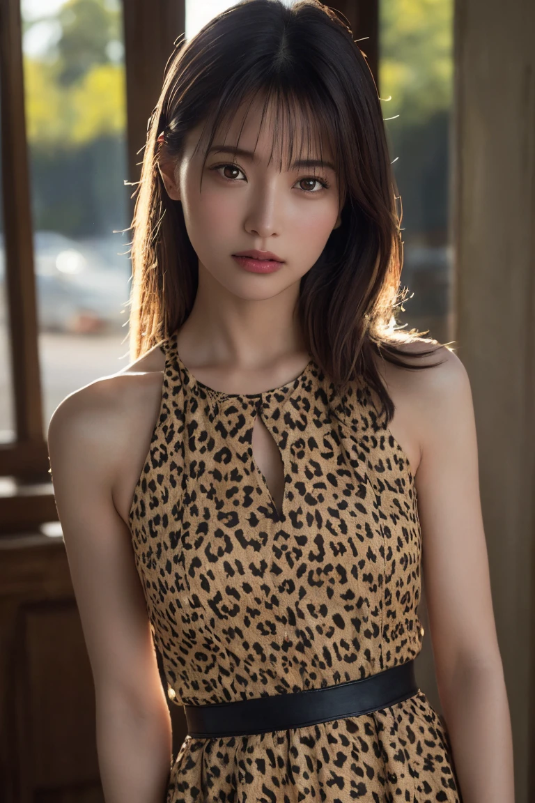 (Highest quality:1.4),(masterpiece:1.4),(Realistic:1.4),(Realistic:1.2),(超High resolution, RAW Photos:1.4),(High resolution, Super detailed:1.2),(8K:1.2),Movie Photos,a photo of a dark-haired,One Girl,alone,wear ,((A Cheetah/A cheetah/Cheetah Dress))、((Upper Body:1.3))