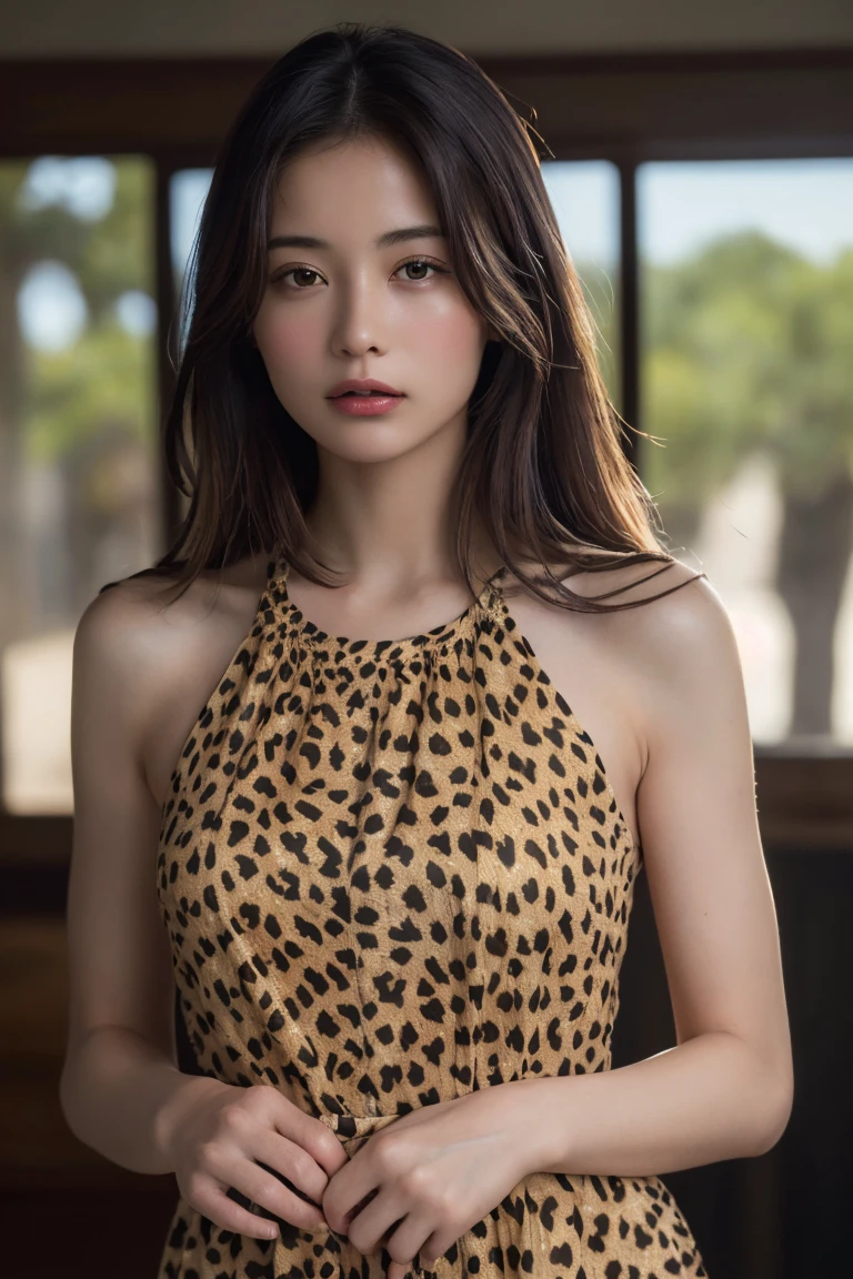 (Highest quality:1.4),(masterpiece:1.4),(Realistic:1.4),(Realistic:1.2),(超High resolution, RAW Photos:1.4),(High resolution, Super detailed:1.2),(8K:1.2),Movie Photos,a photo of a dark-haired,One Girl,alone,wear ,((A Cheetah/A cheetah/Cheetah Dress))、((Upper Body:1.3))