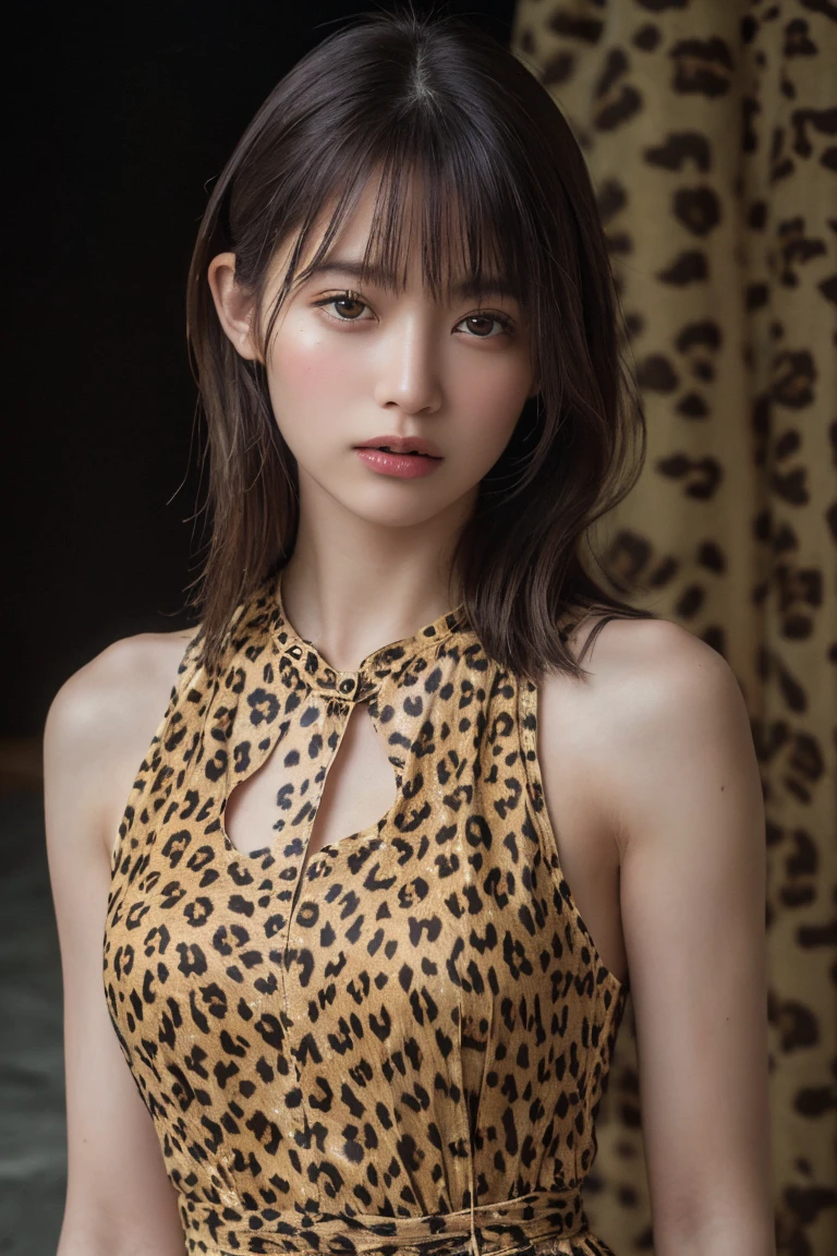 (Highest quality:1.4),(masterpiece:1.4),(Realistic:1.4),(Realistic:1.2),(超High resolution, RAW Photos:1.4),(High resolution, Super detailed:1.2),(8K:1.2),Movie Photos,a photo of a dark-haired,One Girl,alone,wear ,((A Cheetah/A cheetah/Cheetah Dress))、((Upper Body:1.3))