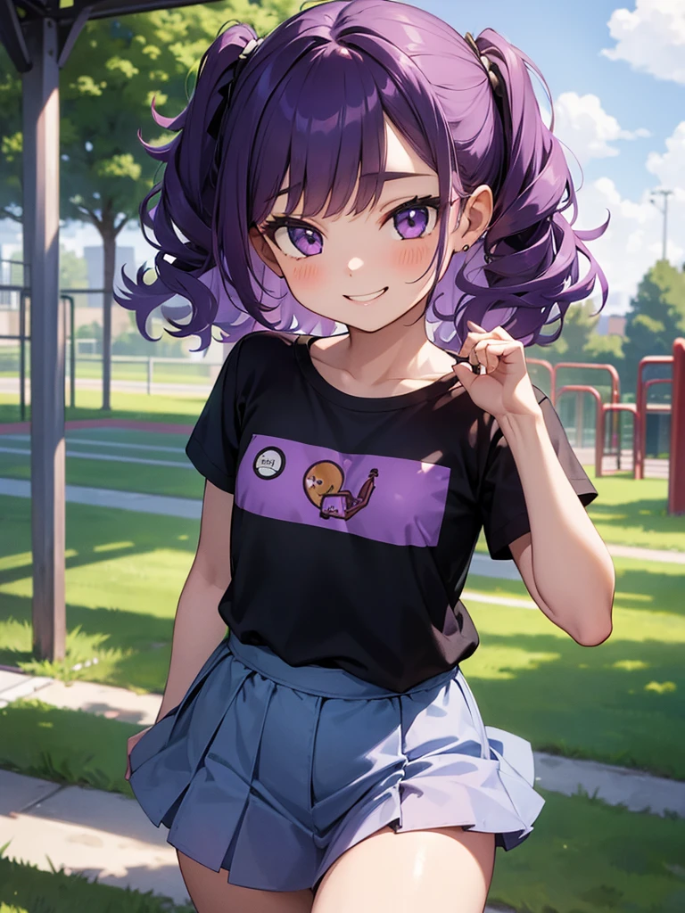 masterpiece, best quality, solo, (), purple hair, curly hair, cowboy shot,
 smile, standing, flat chest, t-shirt, miniskirt, playground,