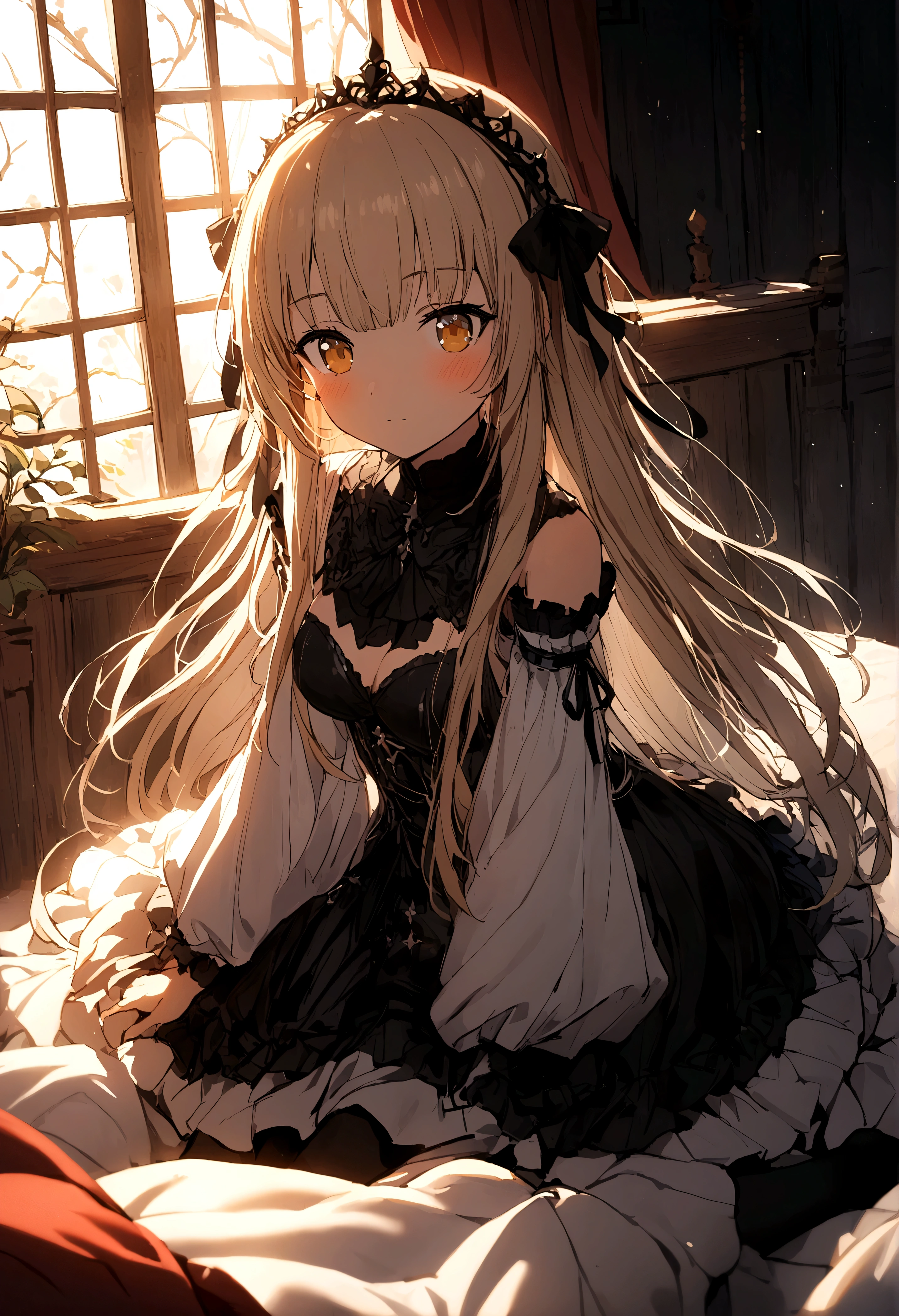 1 girl，Kasugano Sora，pantyhose，white gothic dress，bedroom