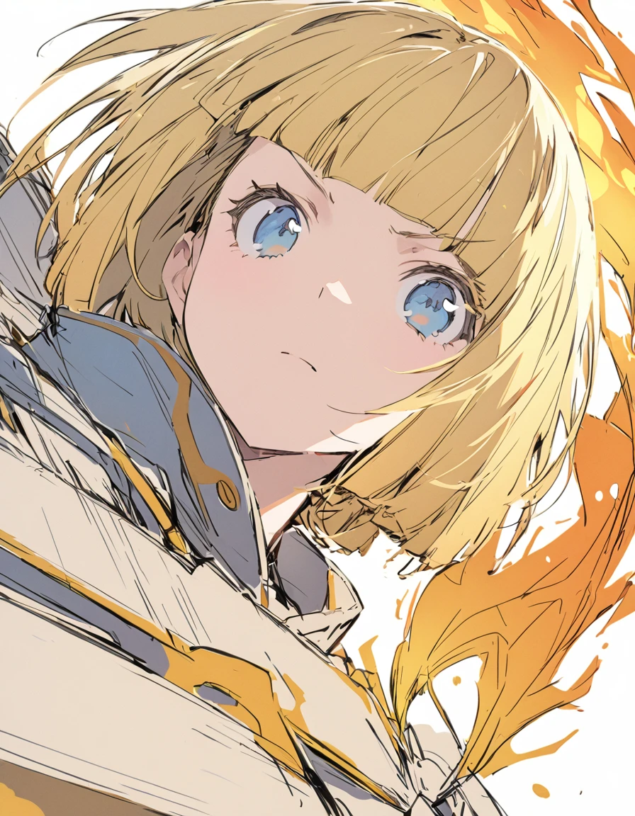 A girl fighting with golden flames(Sketches), (Open Close), (Small body), (Blonde:1.5） (Short Bob Hair:1.4), (Blue eyes)(Blunt bangs:1.3)
