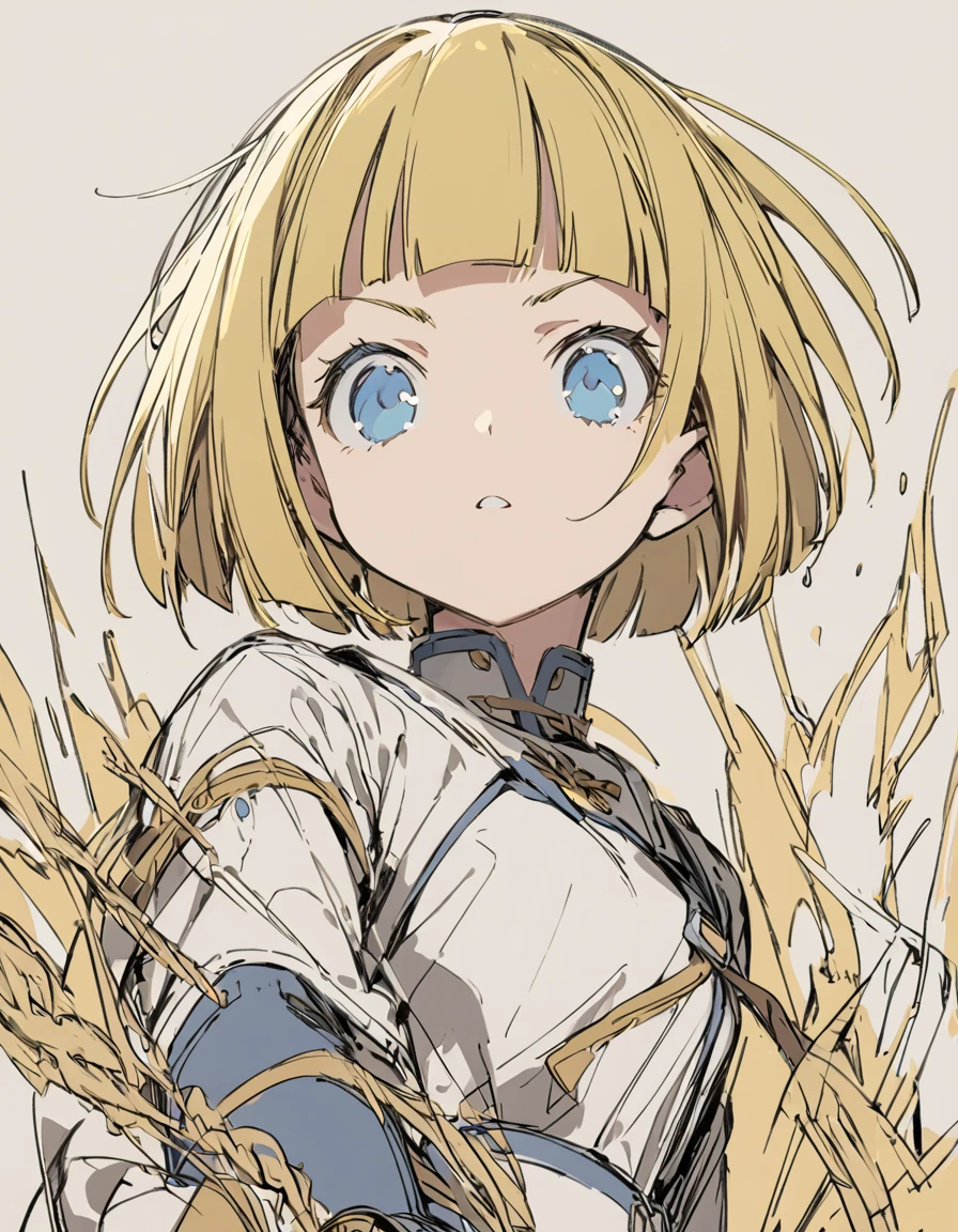 A girl fighting with golden flames(Sketches), (Open Close), (Small body), (Blonde:1.5) (Short Bob Hair:1.4), (Blue eyes)(Blunt bangs:1.3)