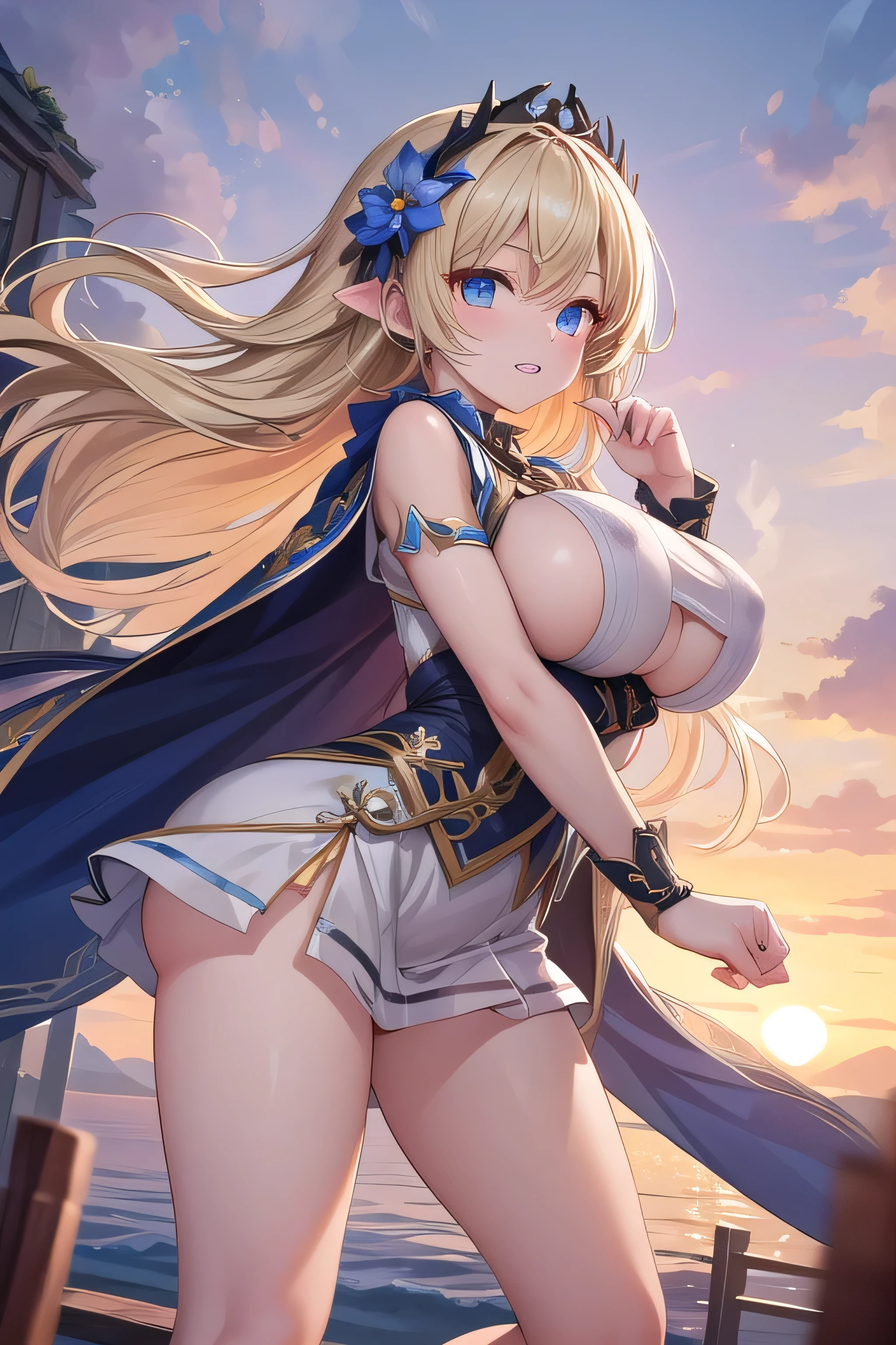 最high quality、high quality、best image quality、8K、最High resolution、High resolution、最high quality、masterpiece、whole body photos、 skin in every detail、 face in every detail、 eyes in every detail、 lips in every detail、 teeth in every detail、 ears with attention to detail、 hair with detailed details、arms with attention to detail、 hands with attention to detail、 fingers with attention to detail、 (fine hands、thumb１reference４)、 legs with attention to detail, feet with attention to detail, 8k, ultra HD, sharp focus, details hair, beautiful hair, details face, beautiful detail eye, details pupil, perfect hand, vibrant colours, soft lighting.

1girl, long hair, hair accessory, style hair, blonde hair, radiant blue eyes, glow eyes, massive giant ??????, small thigh, slim body, underneath 

party, wind blows, sunset, evening, clear sky, flower, carry flower 