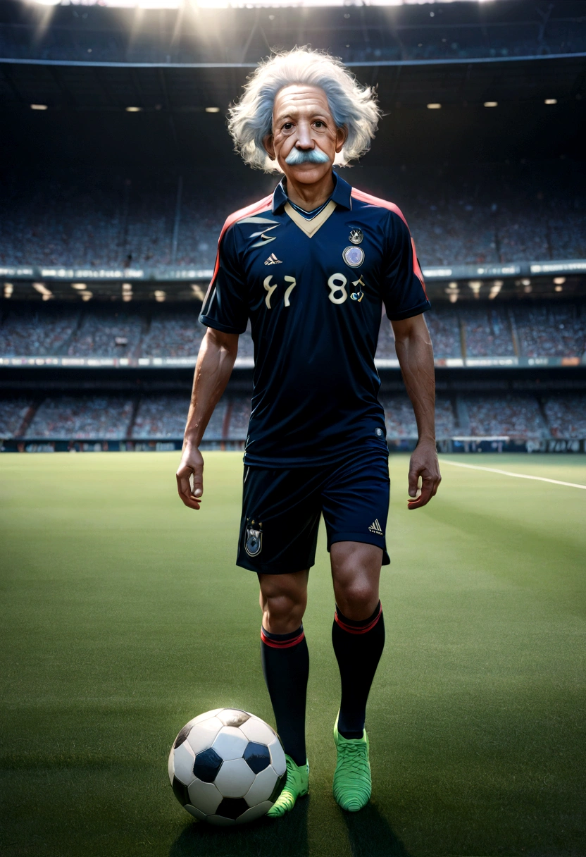 ((((Albert Einstein)))), wearing soccer outfit, looking at viewer, Full body portrait, hyper detailed POV, rich colors, hyper realistic, lifelike texture, dramatic lighting, standing in a soccer Stadium, detailed symmetric realistic face, extremely detailed natural texture, extremely detailed, amazing, fine detail, photo realistic, RAW photo, high quality, highres, sharp focus, extremely detailed, cinematic lighting, Top image quality, hight resolution, (((full body))), play along the stadium, Ball, (((see the whole body))), dramatic lighting, hdr