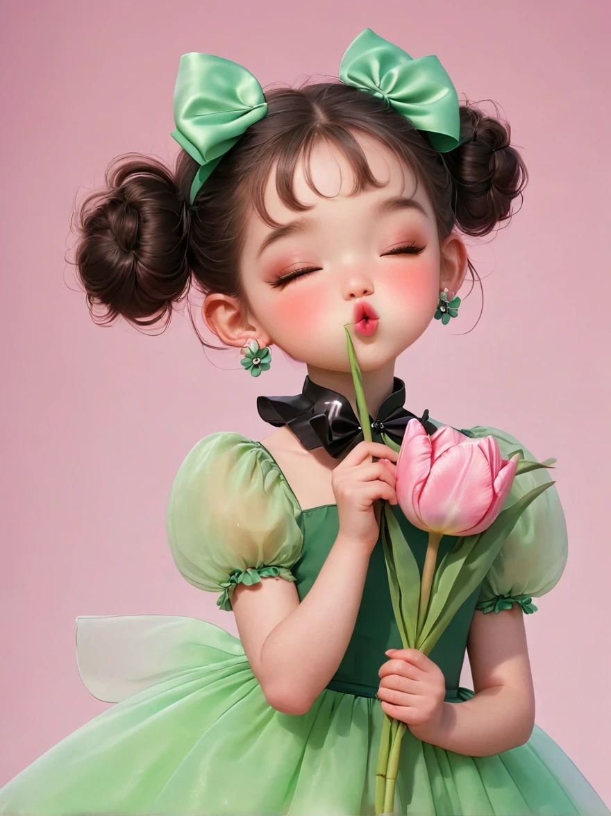 1girl,solo,looking at viewer,blush,short hair,bangs,brown hair,black hair,dress,bow,holding,jewelry,upper body,flower,short sleeves,hair bow,earrings,parted lips,one eye closed,choker,puffy sleeves,hair bun,black eyes,puffy short sleeves,lips,double bun,child,pink flower,green bow,green dress,holding flower,female ,puckered lips,flower earrings,tulip,