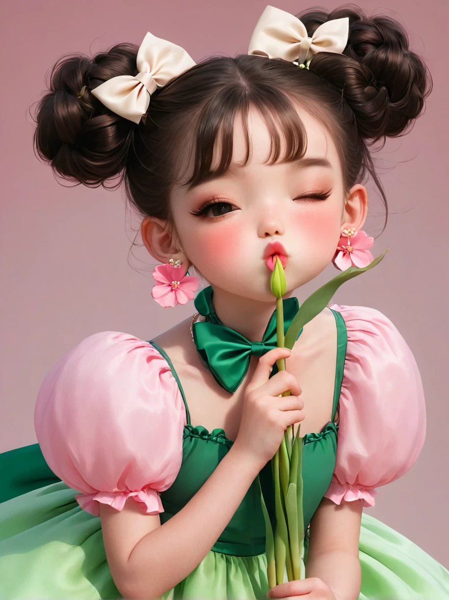 1girl,solo,looking at viewer,blush,short hair,bangs,brown hair,black hair,dress,bow,holding,jewelry,upper body,flower,short sleeves,hair bow,earrings,parted lips,one eye closed,choker,puffy sleeves,hair bun,black eyes,puffy short sleeves,lips,double bun,child,pink flower,green bow,green dress,holding flower,female child,puckered lips,flower earrings,tulip,
