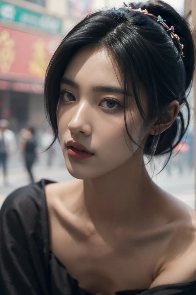 (((best quality))),(((ultra detailed))),(((masterpiece))),illustration,1girl,(dark black skin:1.5),slim,strapless vibrant rose-pink bra,short ponytail,flat chest,bustling city streets, honking cars,surrounded by crowded crowds, colorful advertisements,enjoying sights and sounds,day scene,(close-up of face:1.3)