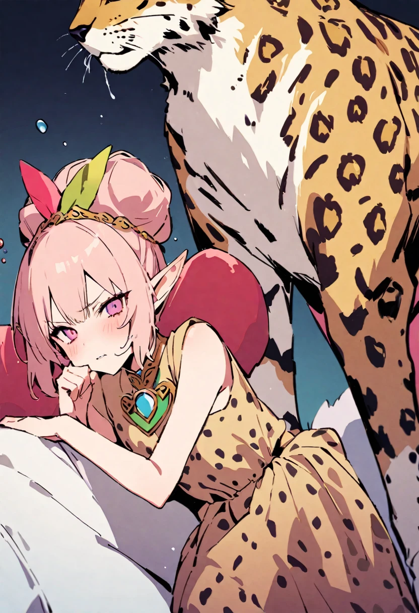 masterpiece, Highest quality, Illustration of the novel, High resolution, 18+ Adult content, Sensual, Intimate, Emotional, Passionate, romantic, sweet, Adorable, Innocent, Pure, charmな, charmな, charm, mysterious, charmな, charmな, Immersive, charmな, dream-like, Surreal, Imaginative, Whimsical, Artistic, Avant-garde, timeless, elegant, Sophisticated, chic, Sophisticated, Personality, original, charmな,(( Elf:1.3)),((A look of disgust:1.3))、Upper Body、(A Cheetah/A cheetah/Cheetah Dress:1.3)